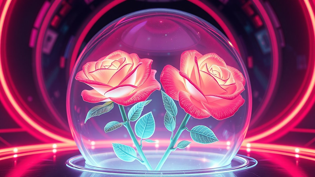 Futuristic Hologram Roses Blooming in Neon Dome