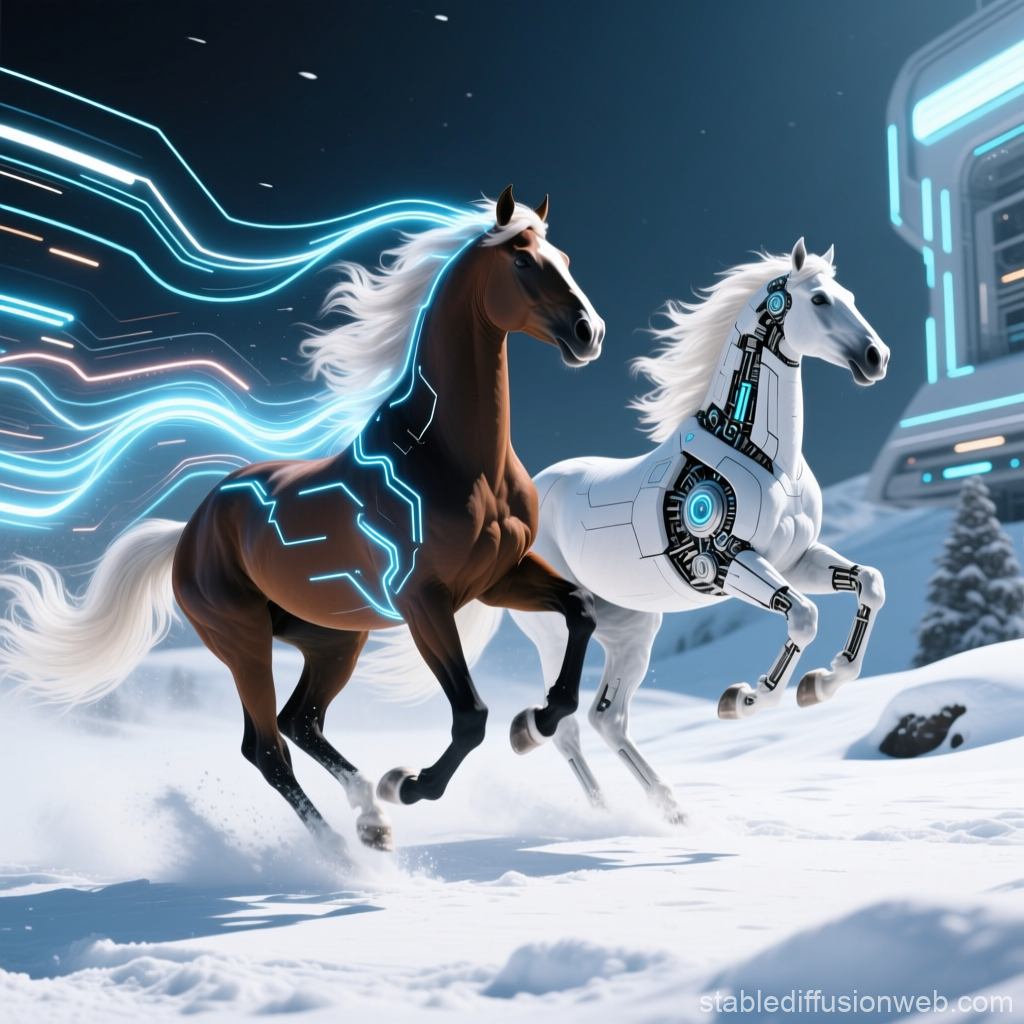 Futuristic Horses Racing Through Snowy Landscape