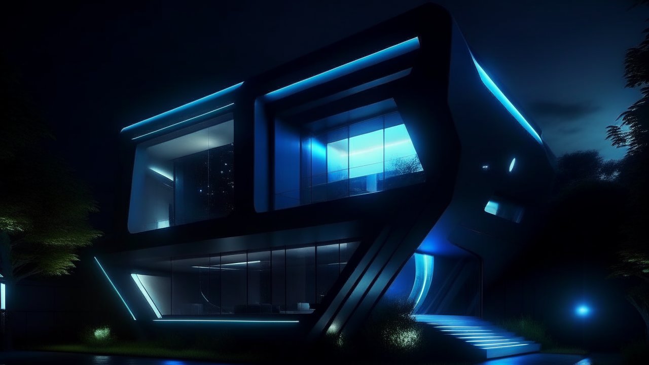 Futuristic House with Neon Blue Lighting at Night