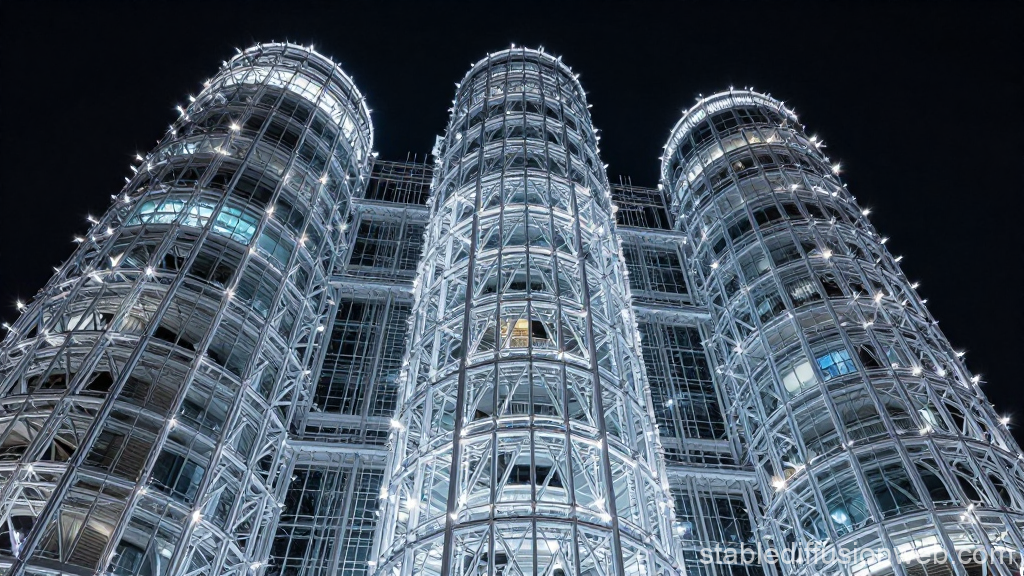 Futuristic Illuminated Glass Tower at Night