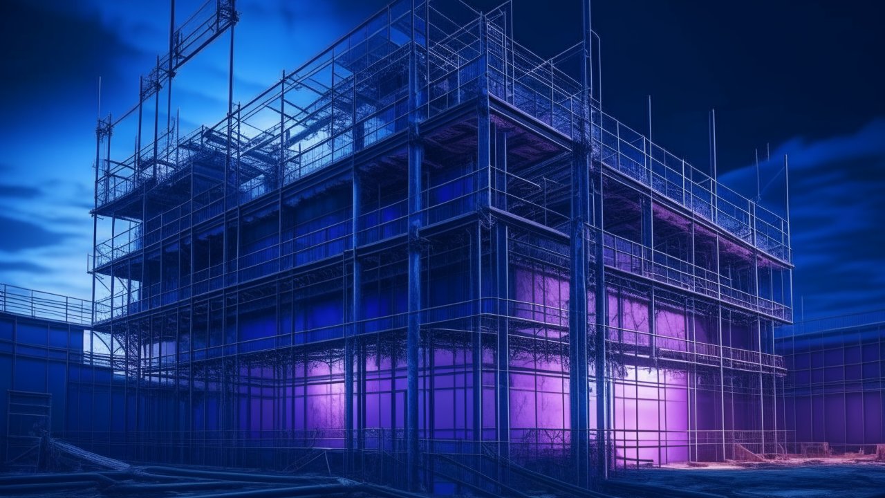 Futuristic Industrial Building Under Construction at Night