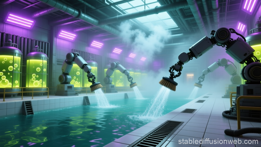 Futuristic Industrial Water Treatment Facility with Robotic Arms