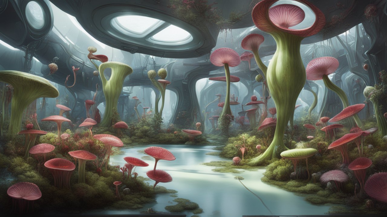Futuristic Interior with Giant Bioluminescent Mushrooms