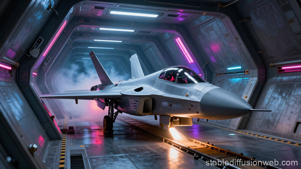 Futuristic Jet Fighter in Neon-Lit Hangar