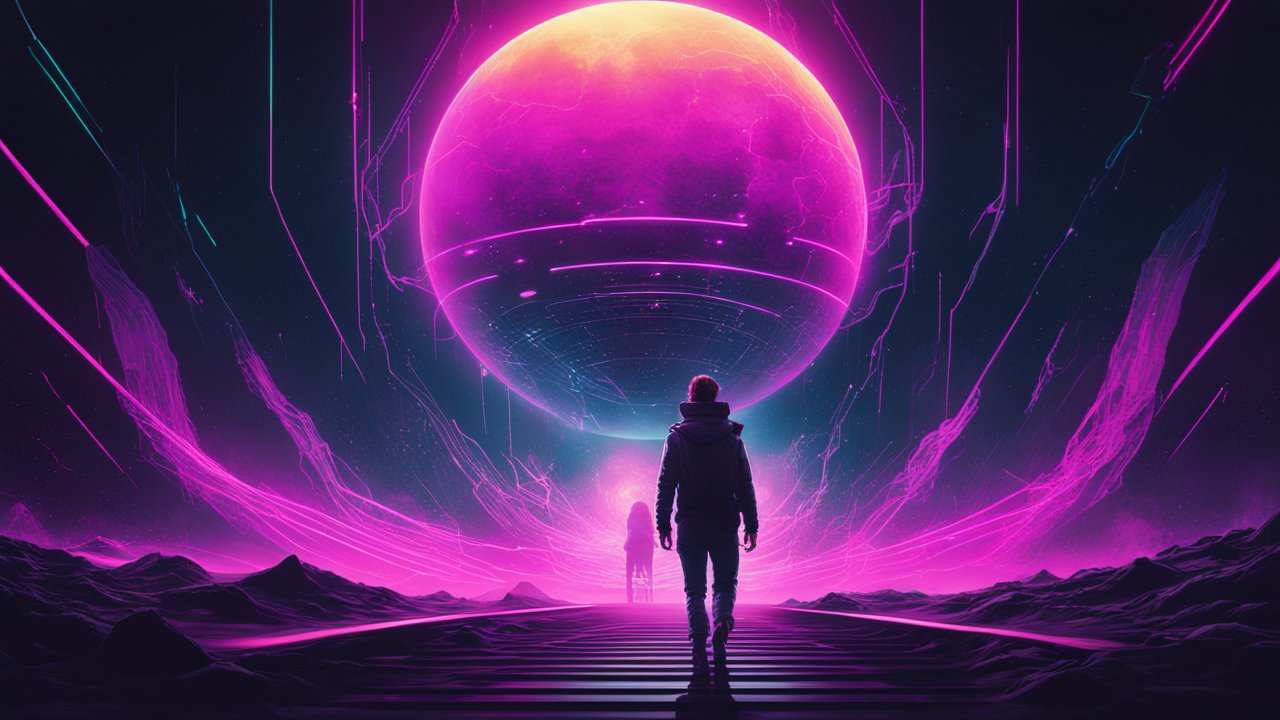 Futuristic Journey Towards a Glowing Neon Planet