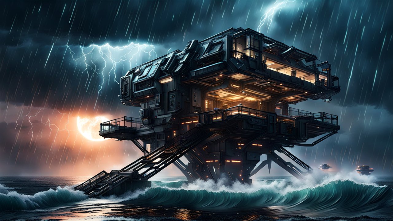 Futuristic Kolto Mining Platform in Stormy Ocean Night
