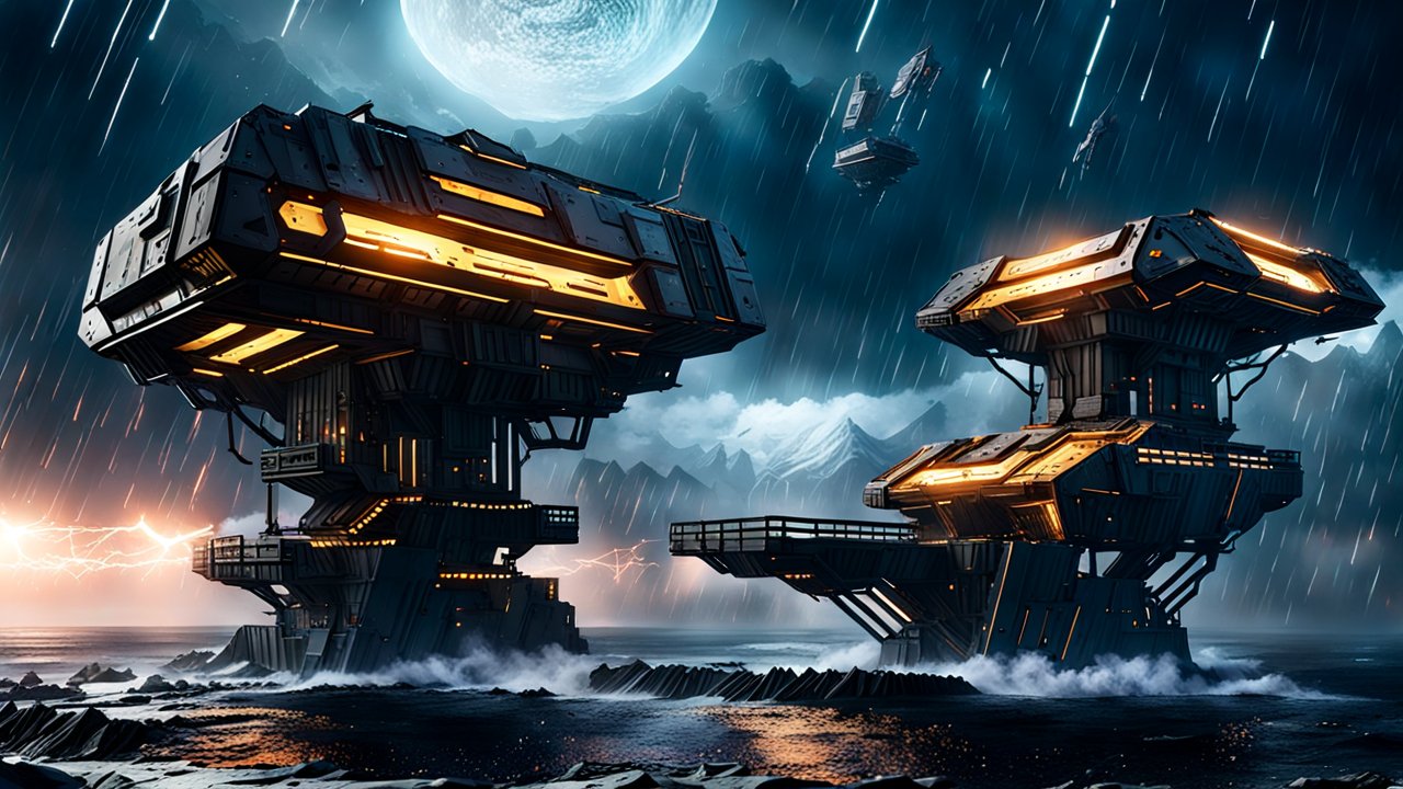 Futuristic Kolto Mining Platforms in Stormy Ocean