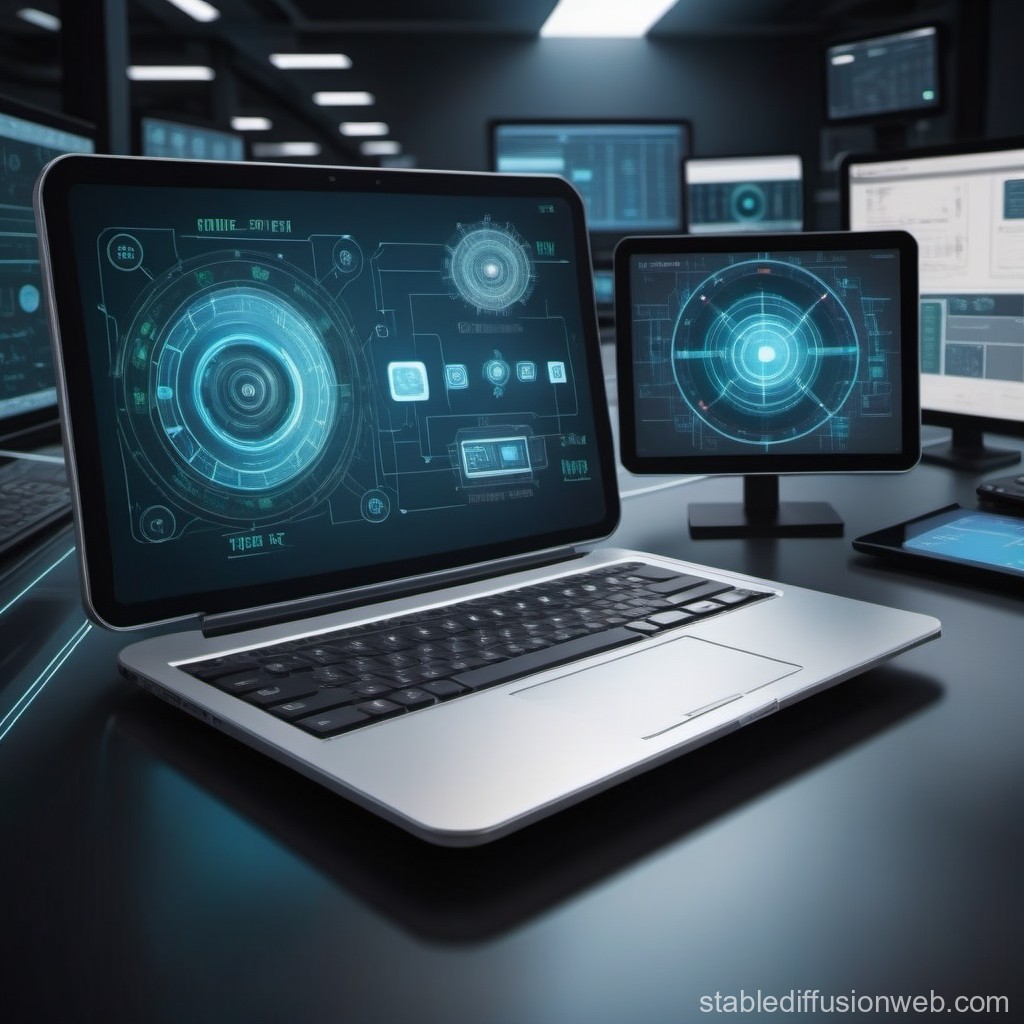 Futuristic Laptop and Monitor with Holographic Interface