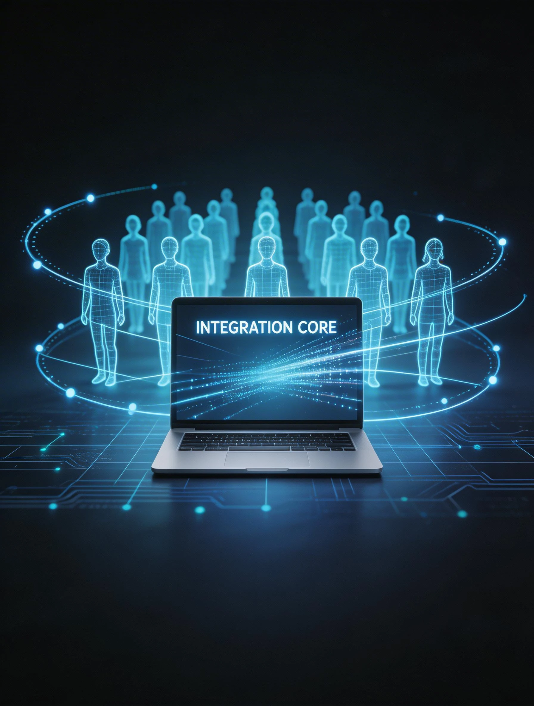 Futuristic Laptop Displaying Integration Core with Holographic Figures