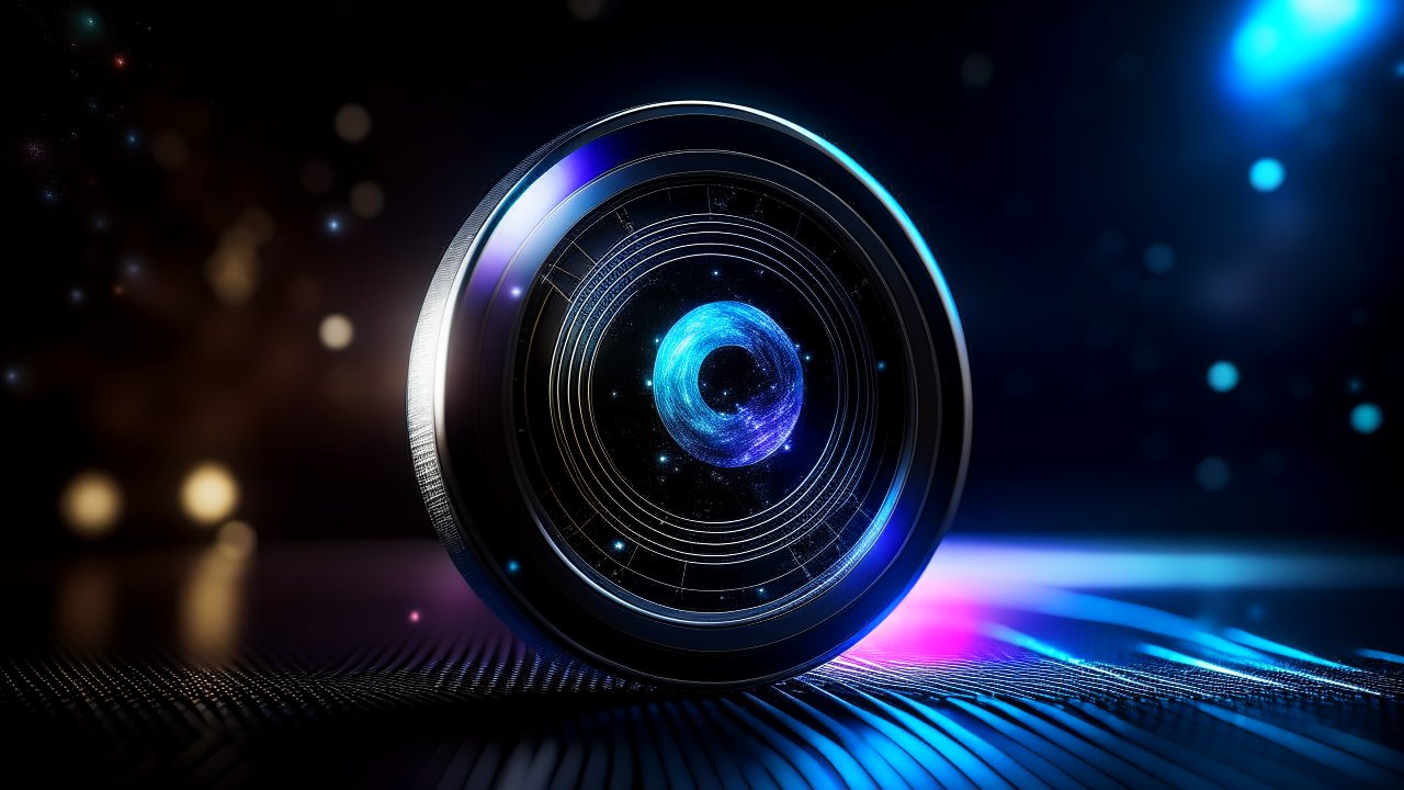 Futuristic Lens with Glowing Blue Core in Dark Setting