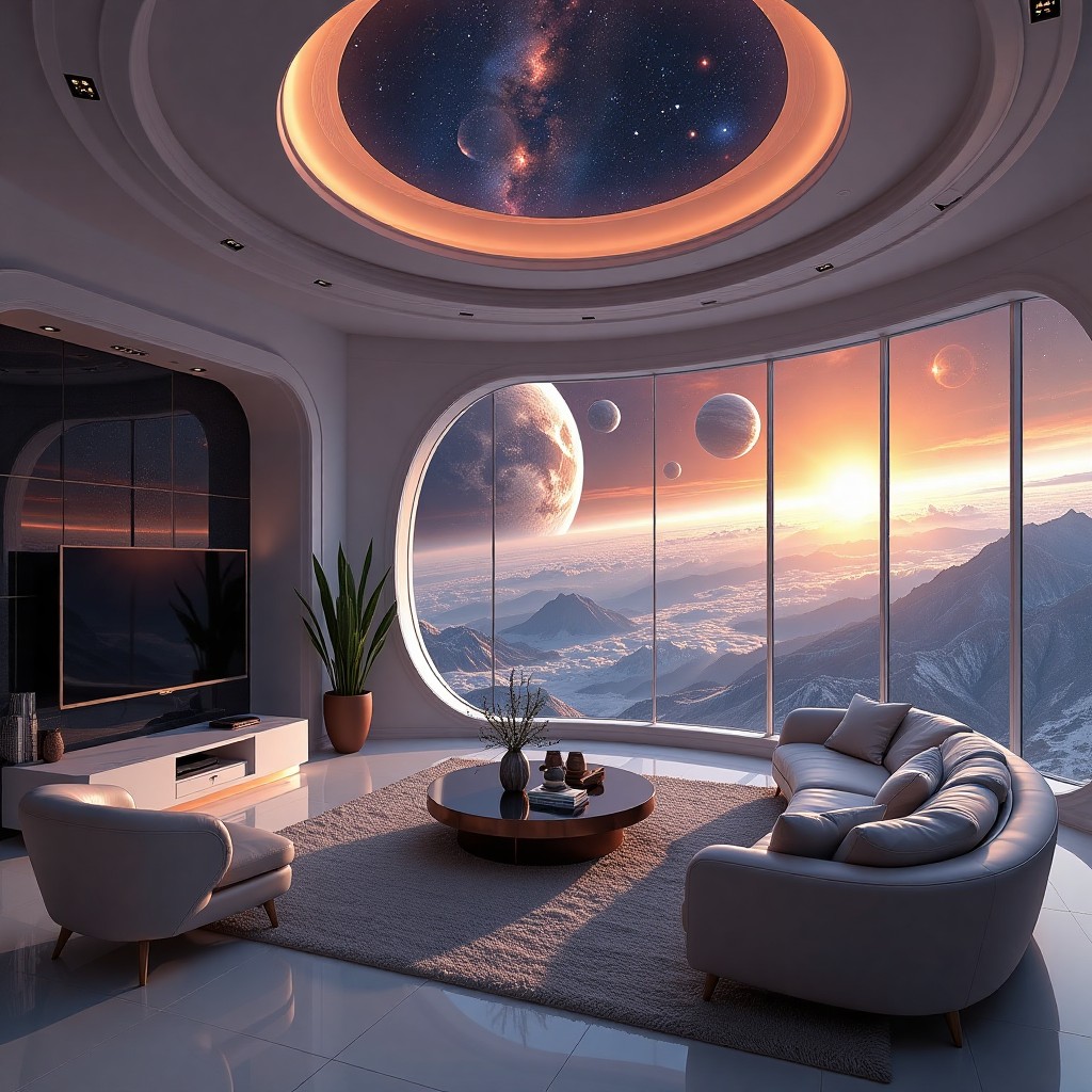 Futuristic Luxury Living Room with Cosmic View