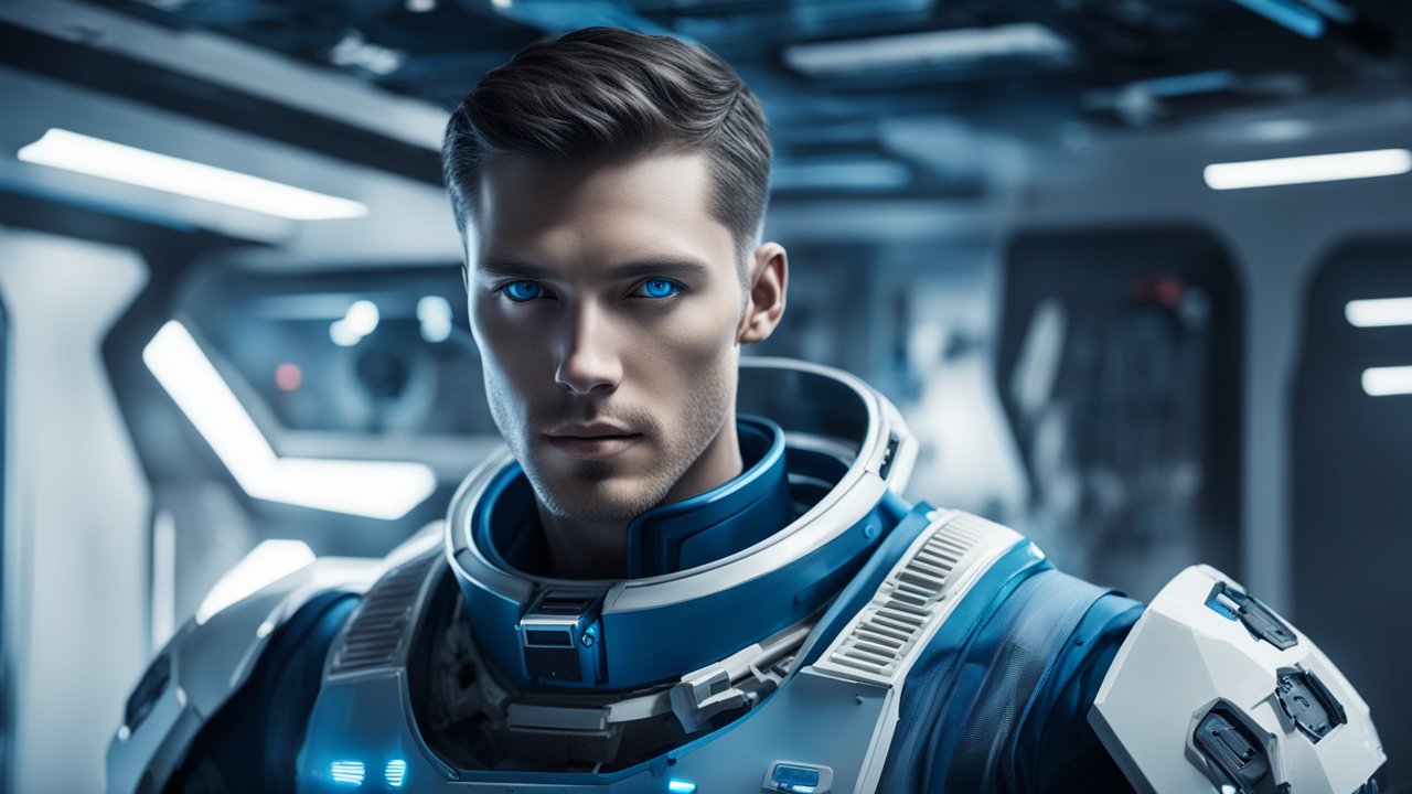 Futuristic Male Android with Blue Eyes in High-Tech Armor