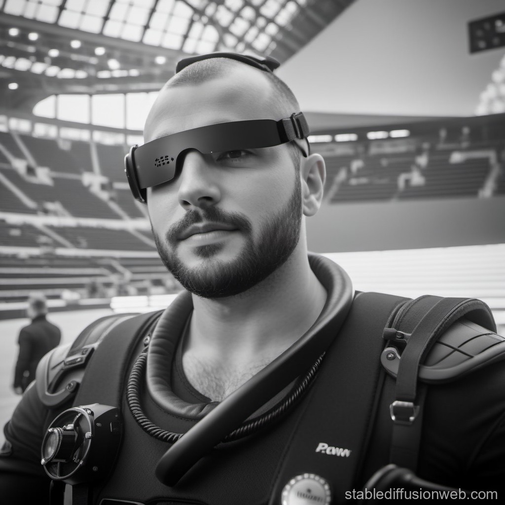 Futuristic Man Wearing High-Tech Visor in Stadium