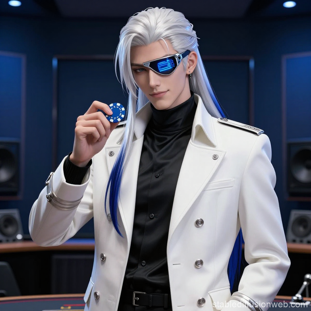 Futuristic Man with Cybernetic Eyepatch Holding Poker Chip