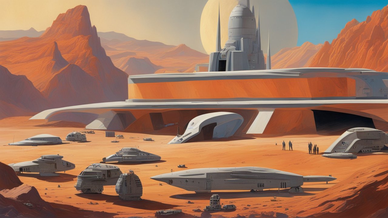 Futuristic Martian Base with Spacecraft and Rocky Terrain