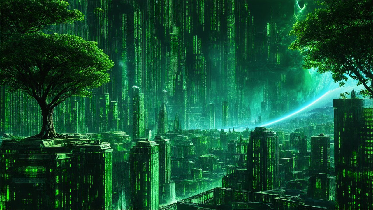 Futuristic Matrix-Inspired Cityscape with Digital Rain