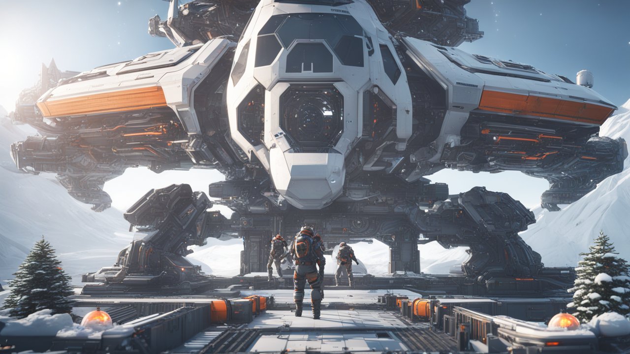 Futuristic Mech Landing in Snowy Mountain Base