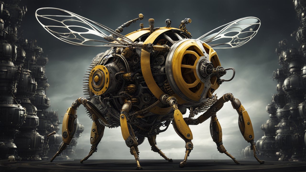Futuristic Mechanical Bee with Intricate Gears and Wings