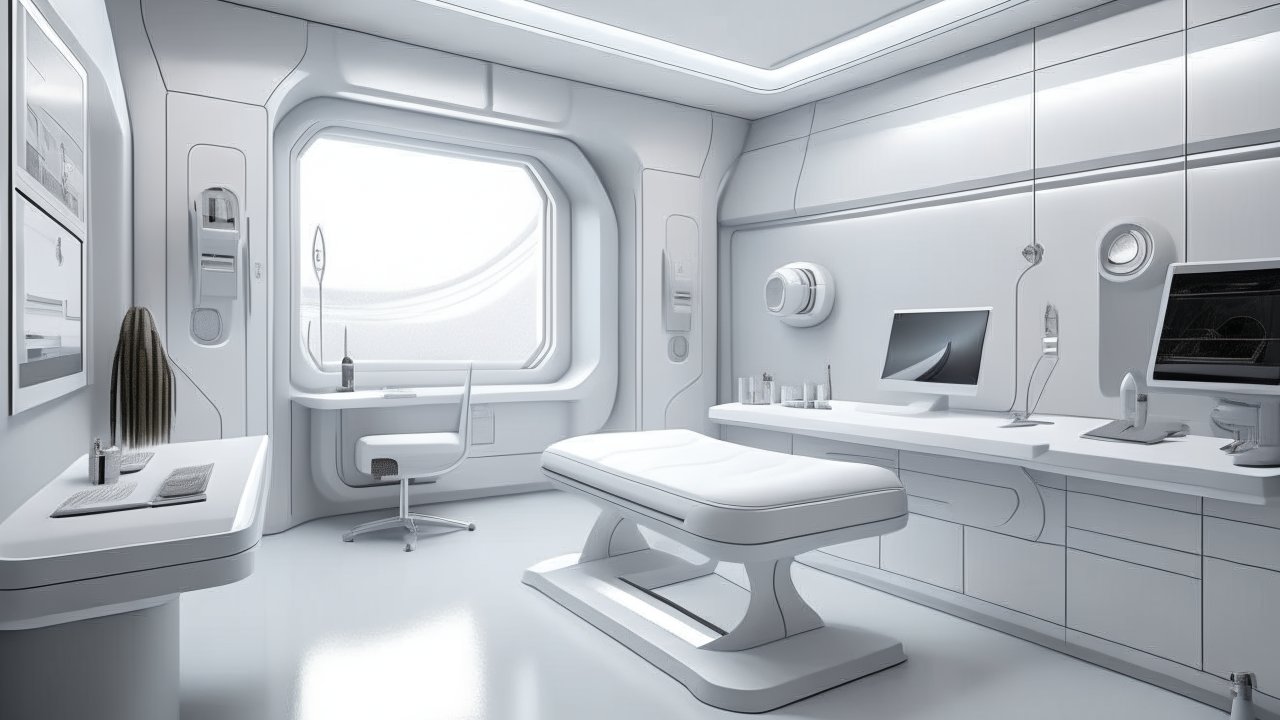 Futuristic Medical Examination Room with Sleek White Design