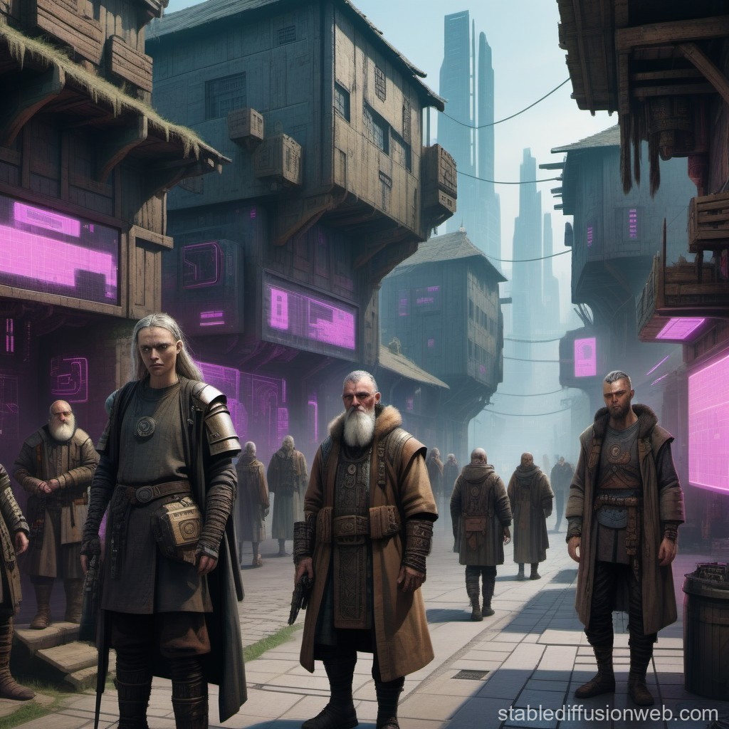 Futuristic Medieval Street with Cloaked Figures