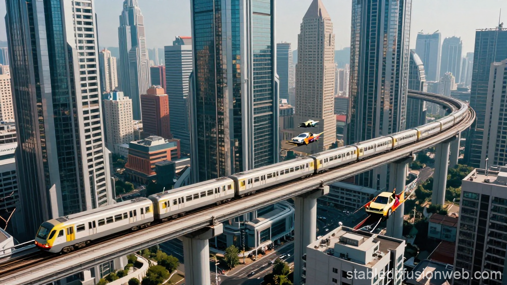 Futuristic Megacity with Elevated Train and Flying Cars