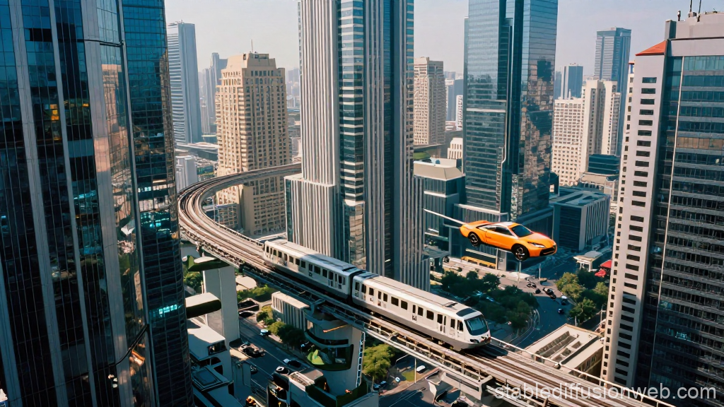 Futuristic Megalopolis with Flying Car and Elevated Train