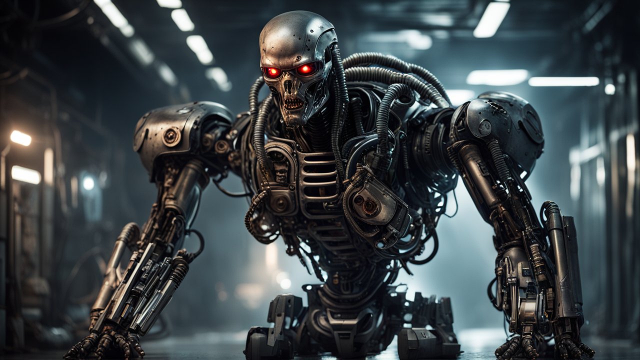 Futuristic Menacing Robot with Red Eyes in Industrial Setting