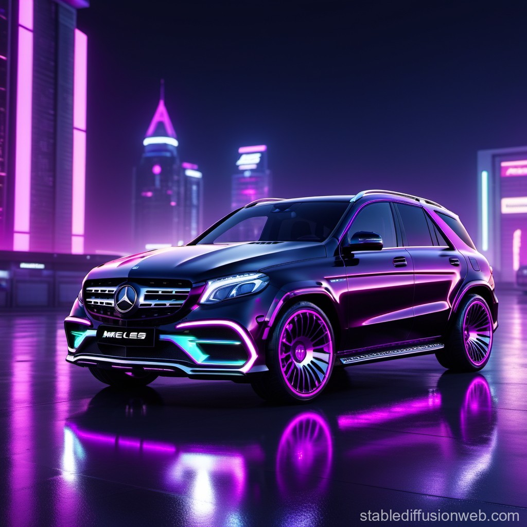 Futuristic Mercedes SUV with Neon Lights in Cyberpunk City
