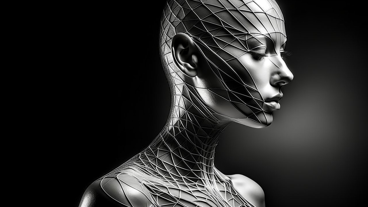 Futuristic Metallic Female Portrait with Geometric Wireframe