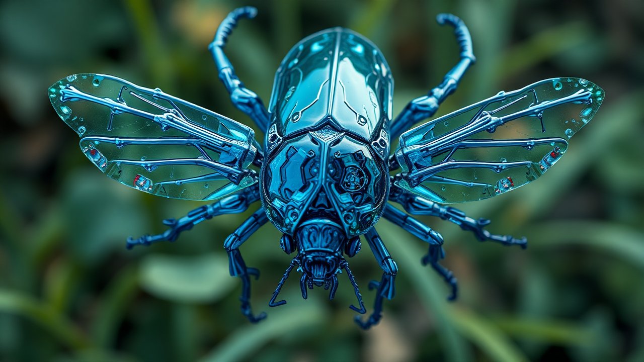 Futuristic Metallic Insect with Transparent Wings