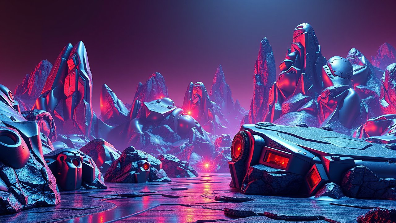 Futuristic Metallic Landscape with Neon Lighting