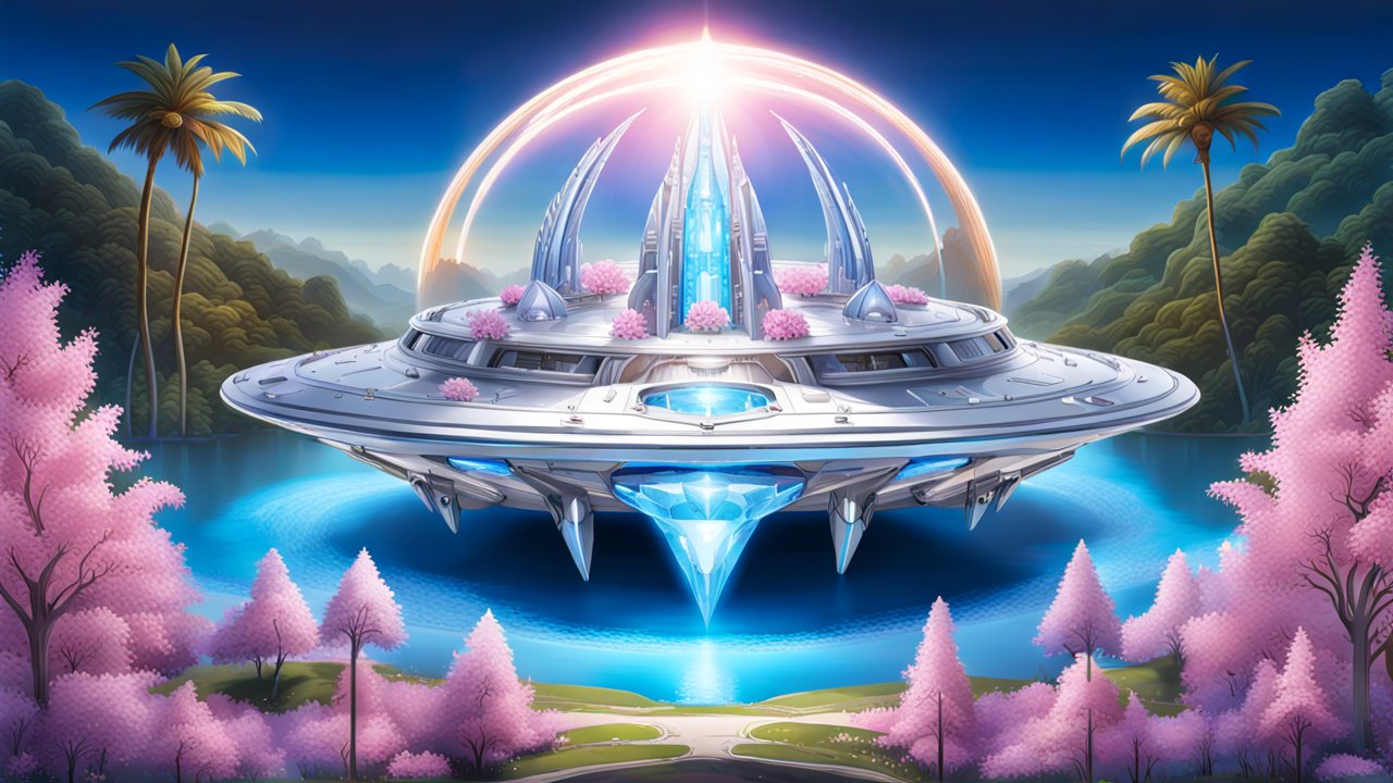 Futuristic Metallic Spaceship Hovering Over Serene Lake