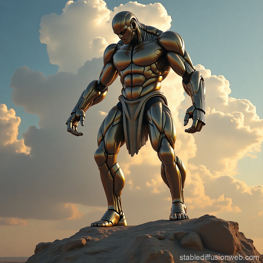 Futuristic Metallic Warrior Standing on Rocky Outcrop