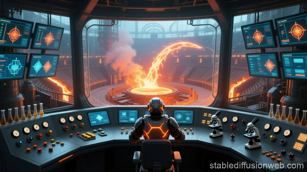 Futuristic Metallurgy Control Room Overlooking Molten Metal