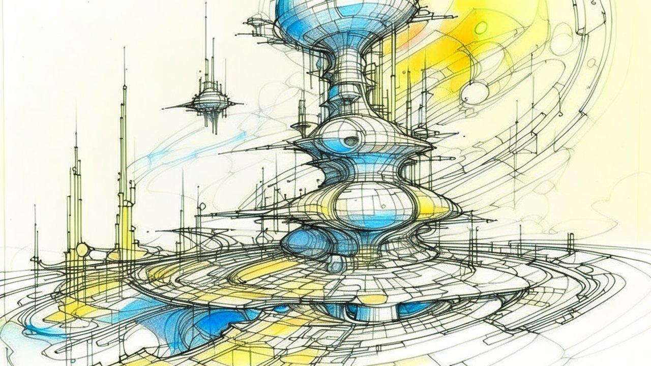 Futuristic Moebius-Style Sci-Fi Architecture Sketch