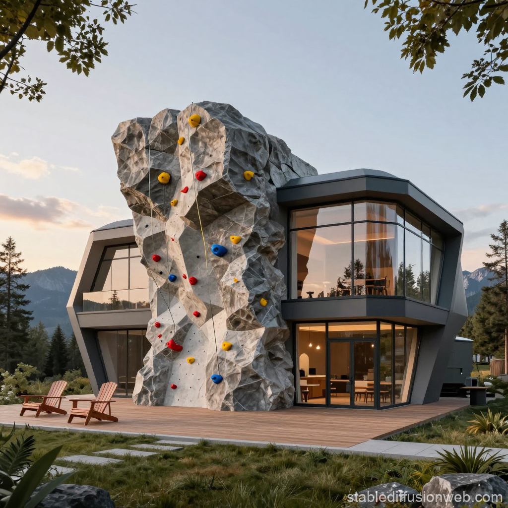 Futuristic Mountain Sports Clubhouse with Rock Climbing Wall