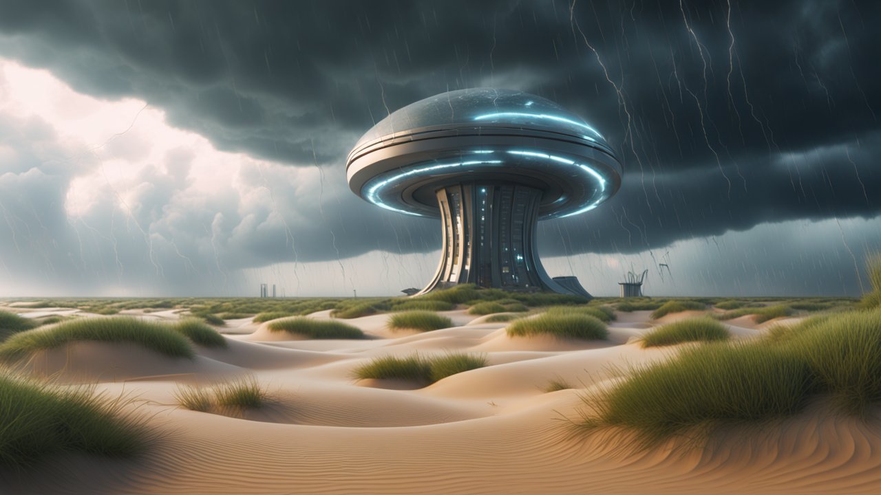 Futuristic Mushroom-Shaped Building in Stormy Desert Landscape