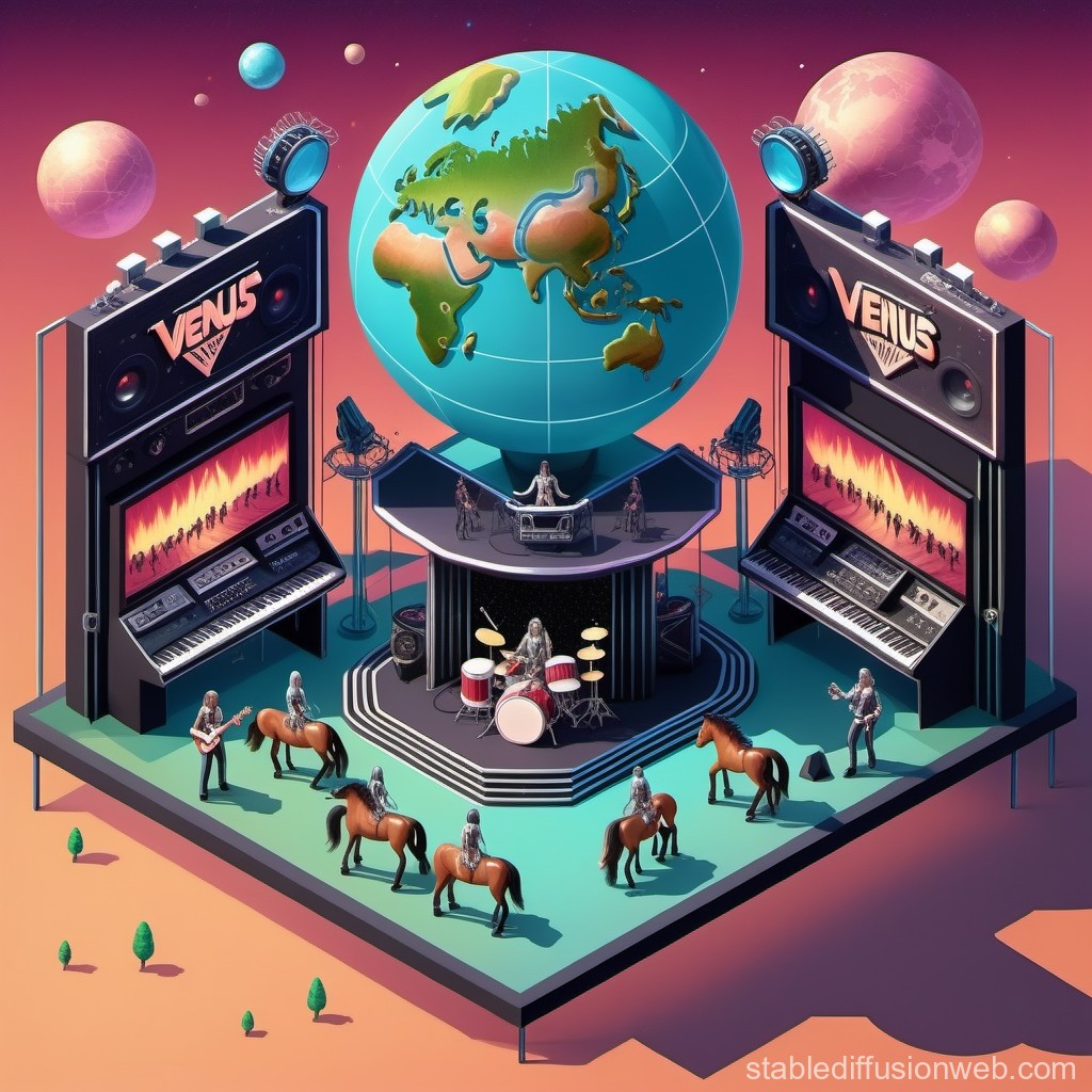Futuristic Music Stage with Earth Globe and Horse Riders