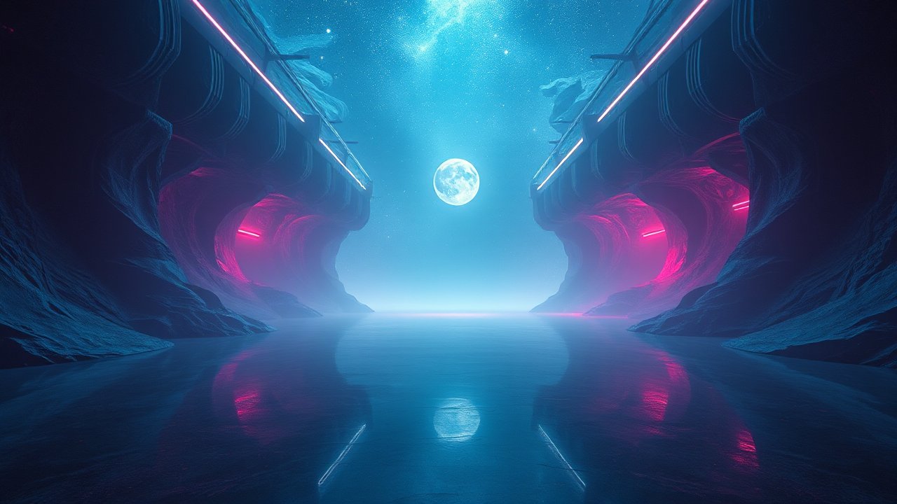 Futuristic Neon Cave with Moonlit Reflection