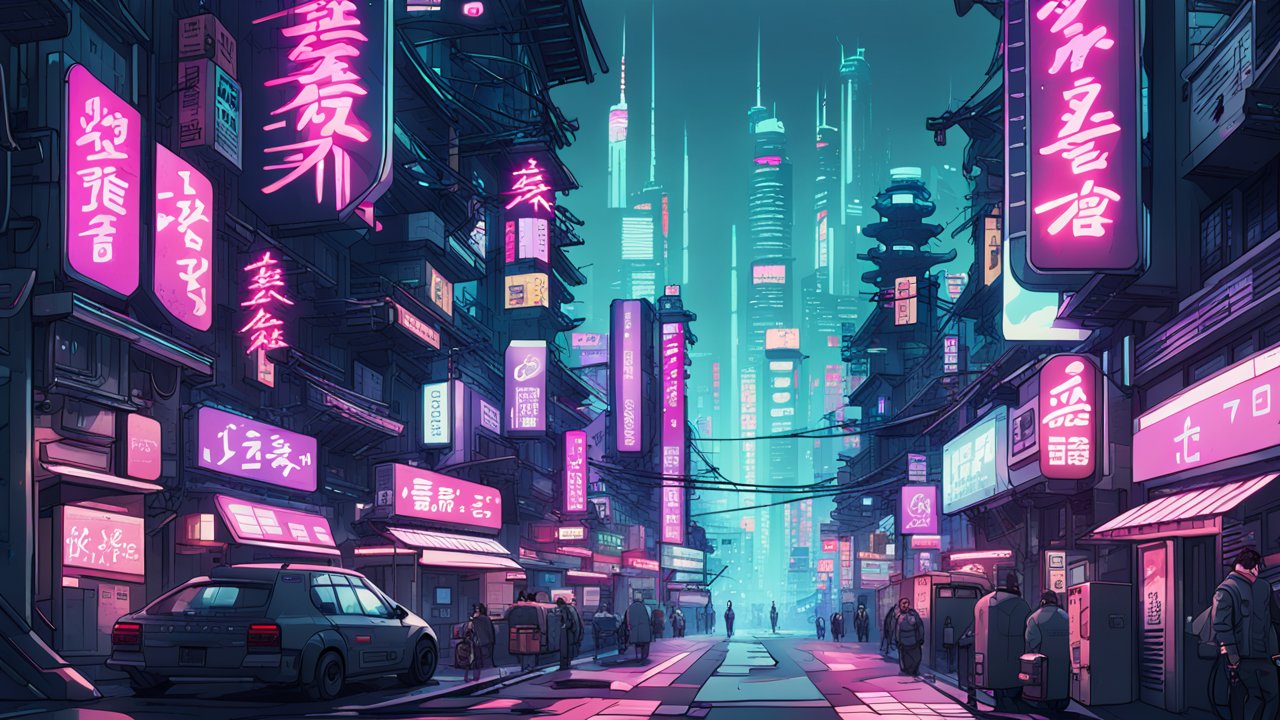 Futuristic Neon City Street at Night