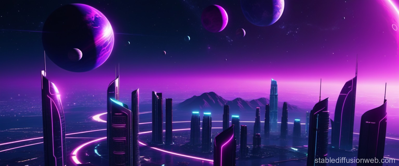 Futuristic Neon Cityscape Under Alien Planets