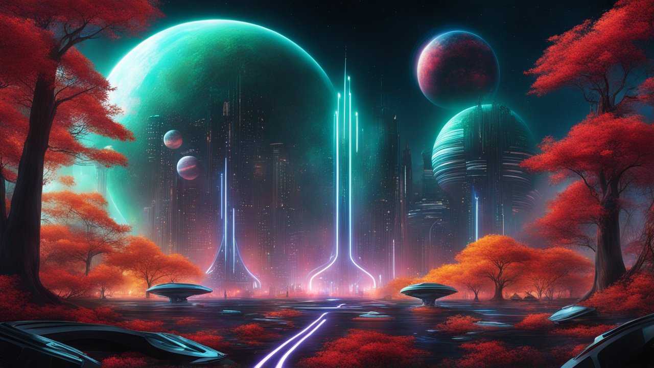 Futuristic Neon Cityscape with Alien Planets and Red Foliage