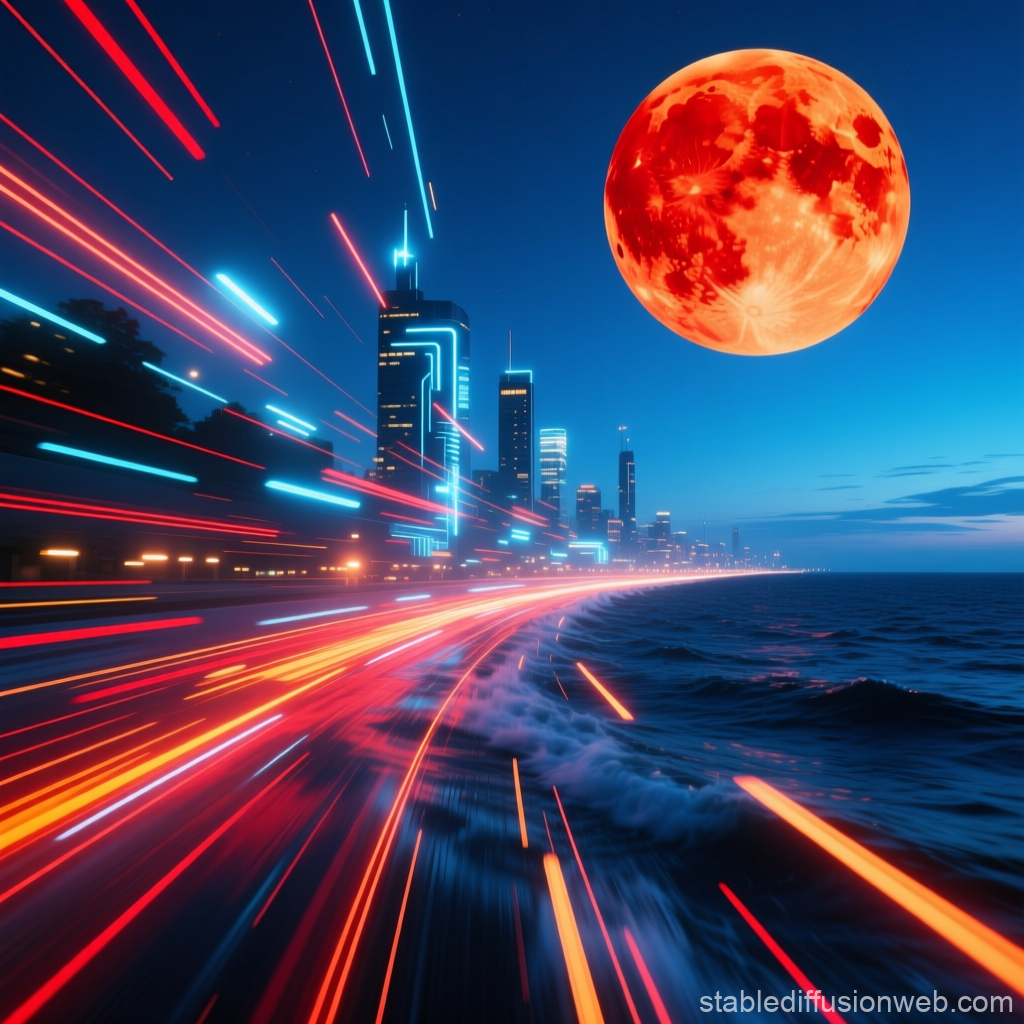 Futuristic Neon Cityscape with Giant Red Moon