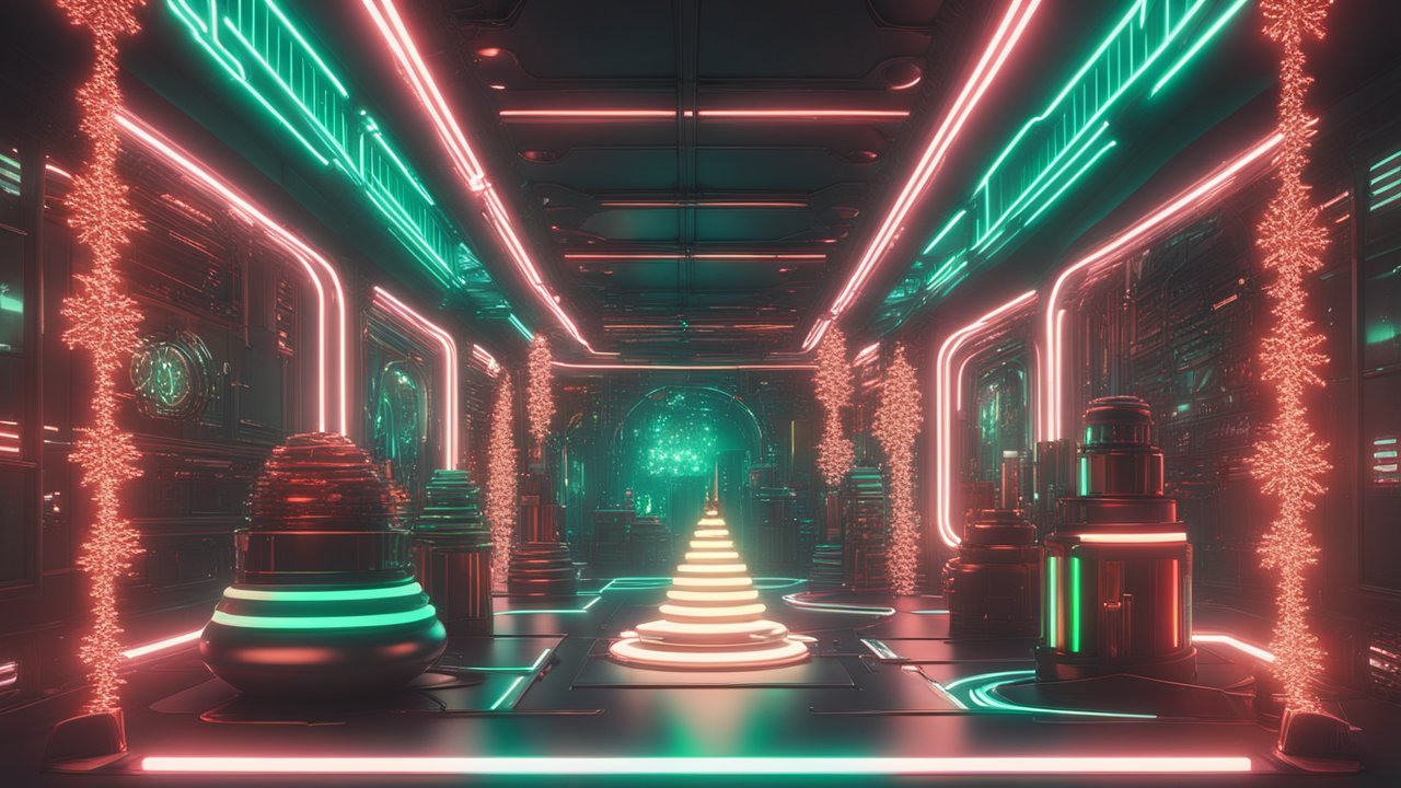 Futuristic Neon Corridor with Glowing Geometric Structures