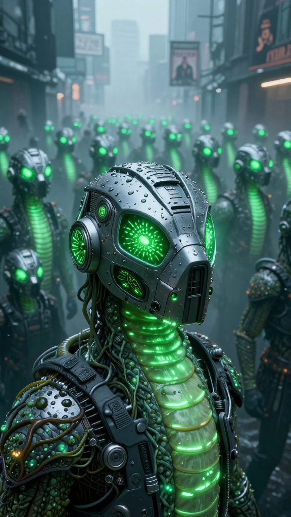 Futuristic Neon Green Robot Army in Foggy City