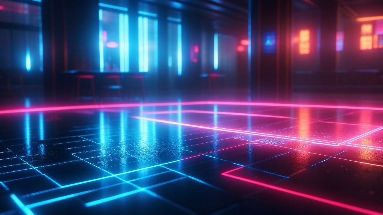 Futuristic Neon Grid in a Dimly Lit Room