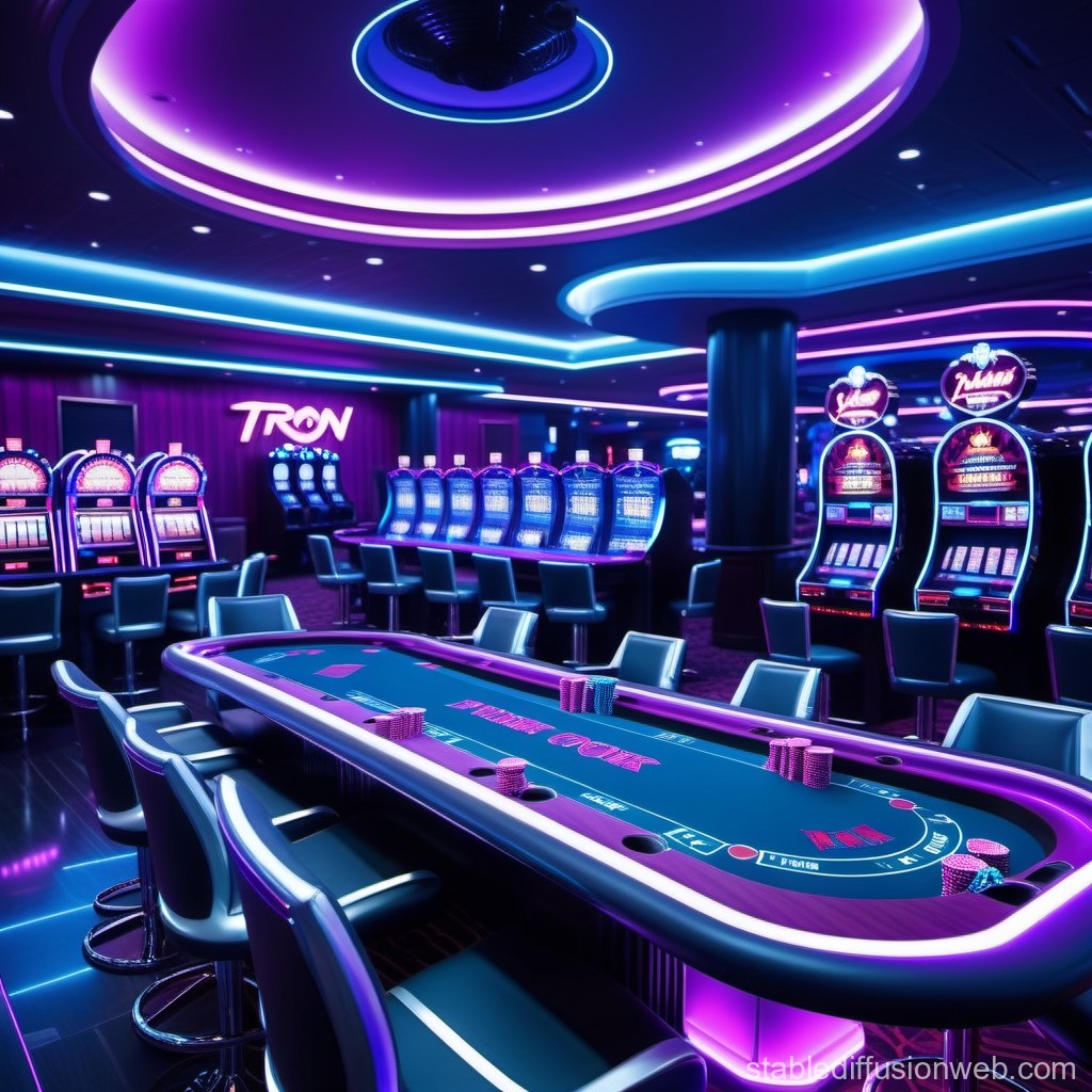 Futuristic Neon-Lit Casino Interior with Poker Table and Slot Machines