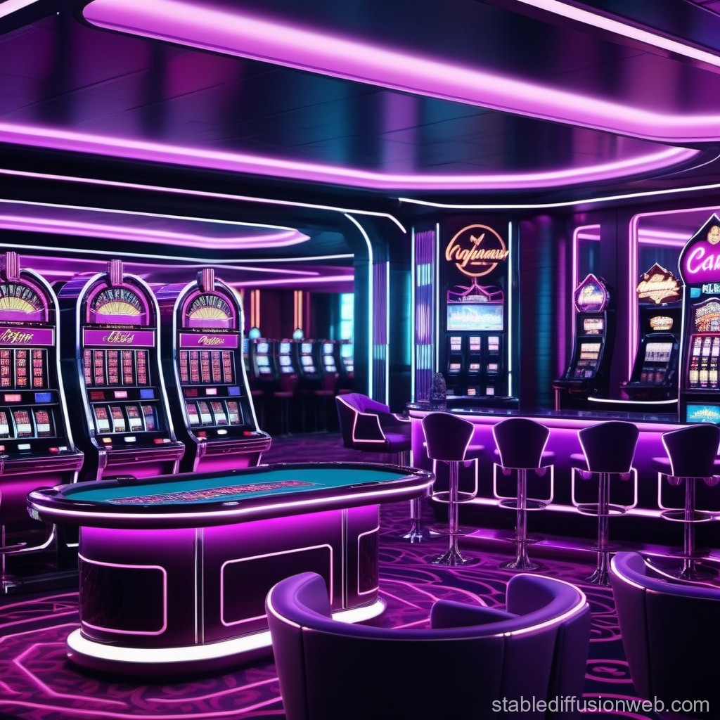 Futuristic Neon-Lit Casino Interior with Slot Machines and Gaming Tables