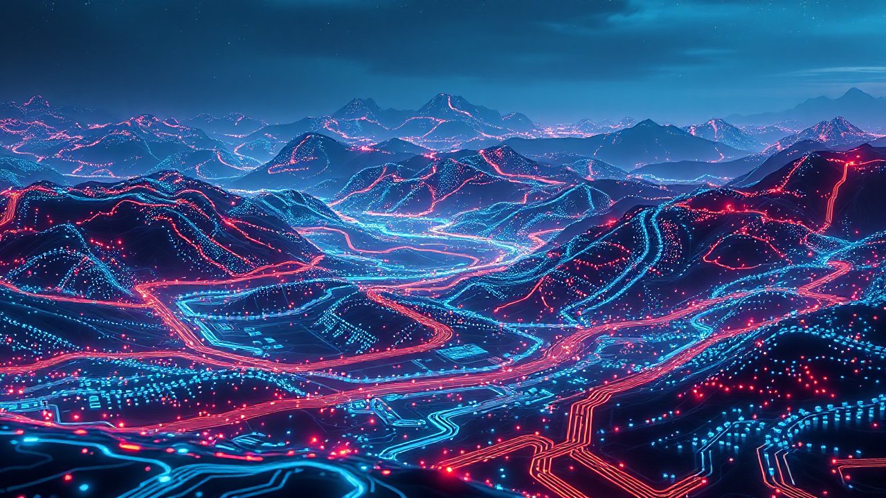 Futuristic Neon-Lit Mountain Landscape at Night