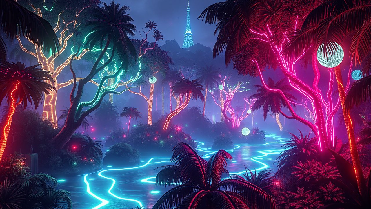 Futuristic Neon-Lit Tropical Forest with Glowing River